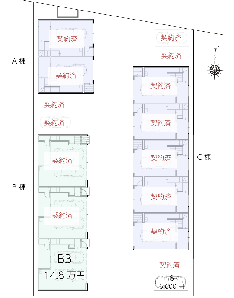愛知県岩倉市の新築賃貸ビルドインガレージ・ガレージハウス「HC-G Iwakura」全体部屋割り　賃料　1LDK/1SLDK