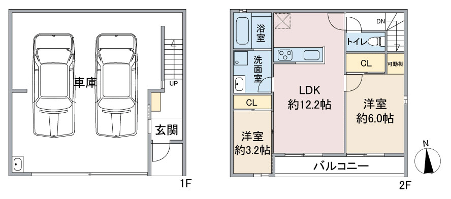 愛知県あま市の新築賃貸ビルドインガレージ(1台)・インナーガレージハウス「G+COLOR木田」間取りA棟