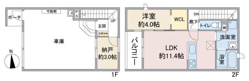 名古屋市天白区梅が丘の新築賃貸ビルドインガレージ(1台)・インナーガレージハウス「(仮称)G+COLOR梅が丘5丁目」間取りE1